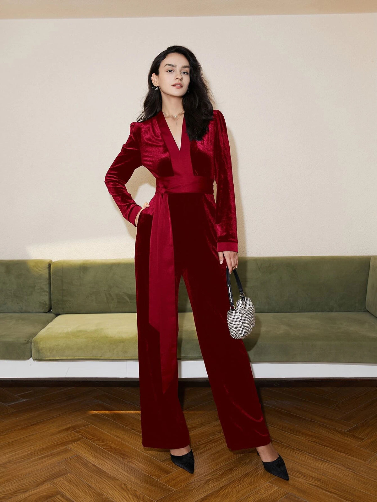Deep V Neck Tie Front Velvet Jumpsuit