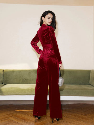 Deep V Neck Tie Front Velvet Jumpsuit