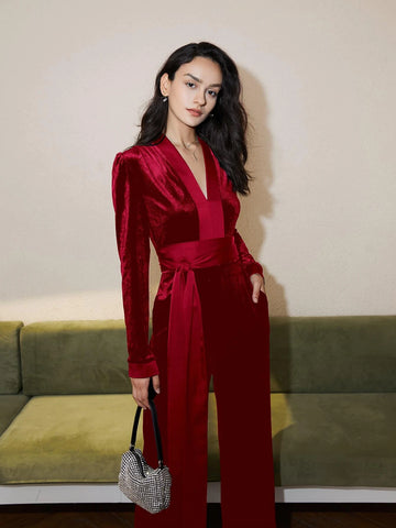Deep V Neck Tie Front Velvet Jumpsuit
