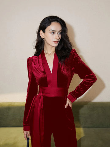 Deep V Neck Tie Front Velvet Jumpsuit