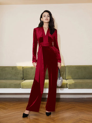 Deep V Neck Tie Front Velvet Jumpsuit