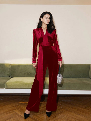 Deep V Neck Tie Front Velvet Jumpsuit