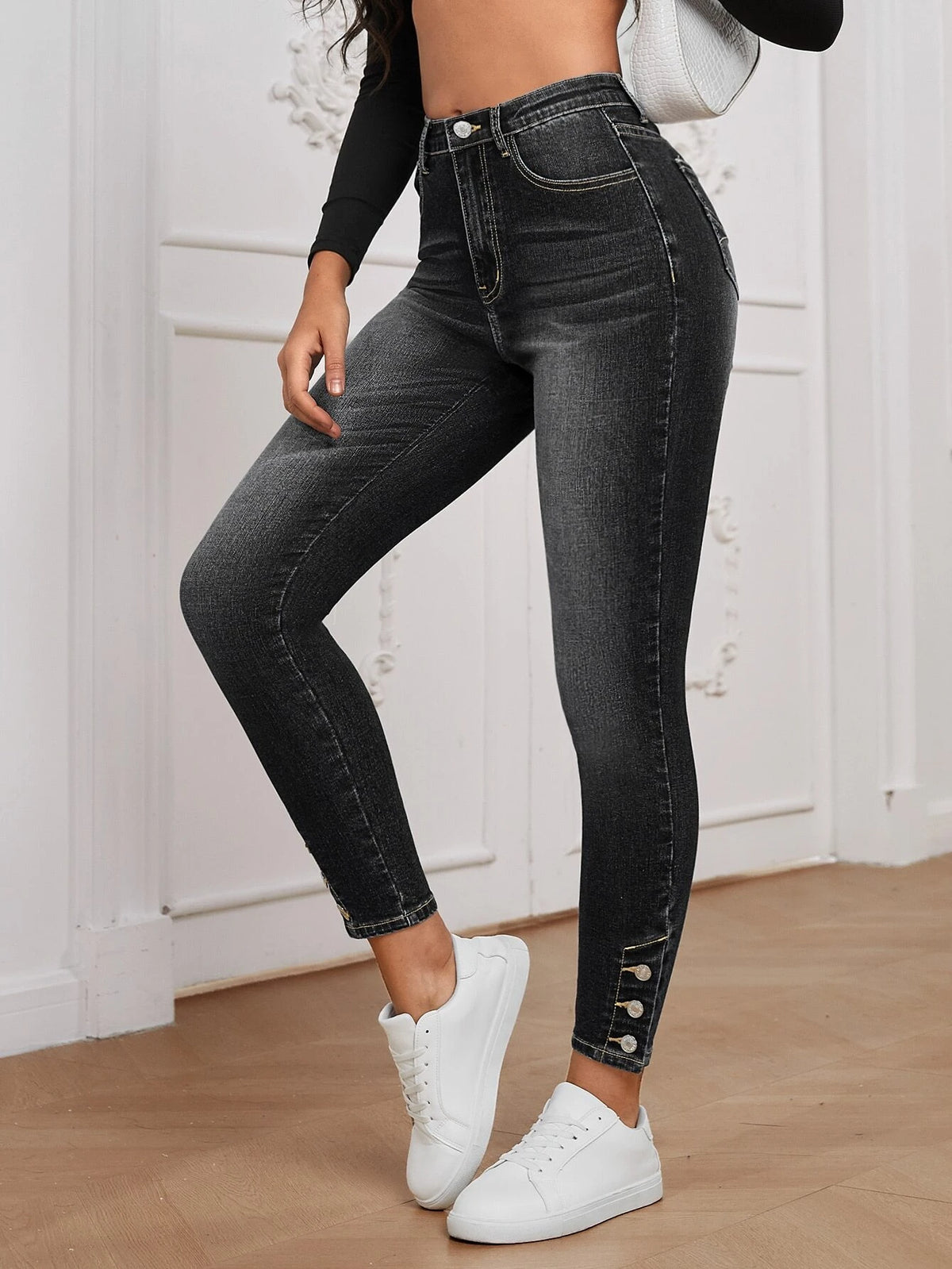 High Waist Button Hem Skinny Jeans