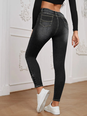 High Waist Button Hem Skinny Jeans