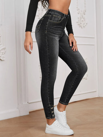 High Waist Button Hem Skinny Jeans