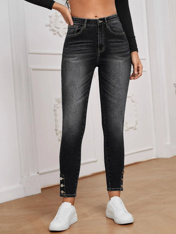 High Waist Button Hem Skinny Jeans