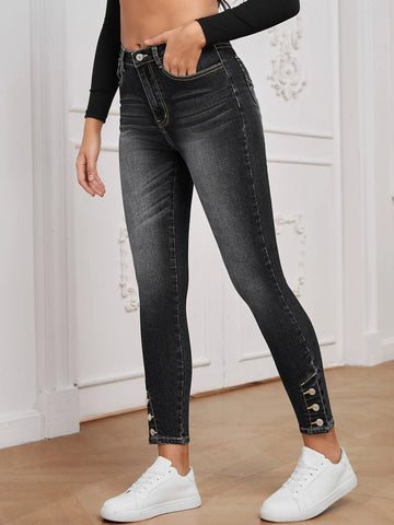 High Waist Button Hem Skinny Jeans
