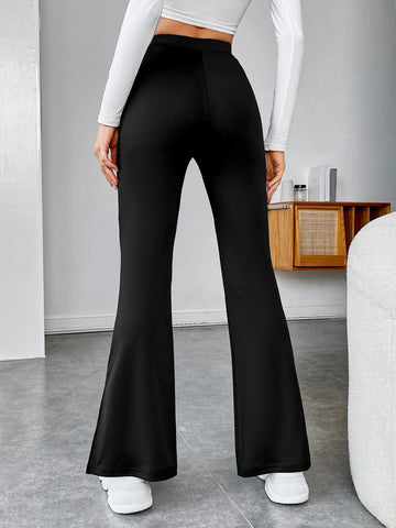 Patched Detail Split Hem Flare Leg Pants