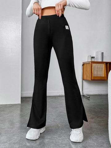 Patched Detail Split Hem Flare Leg Pants