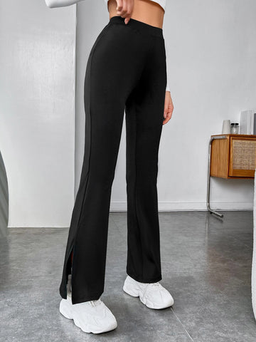 Patched Detail Split Hem Flare Leg Pants