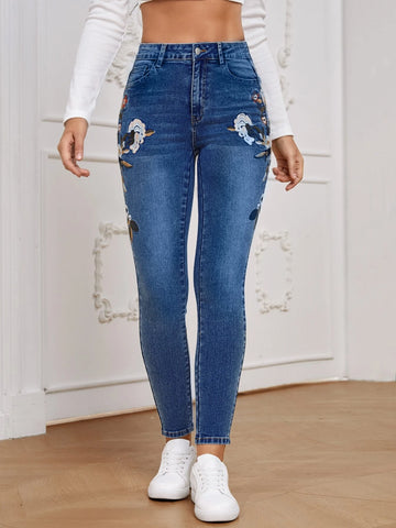 Floral Embroidery Skinny Jeans