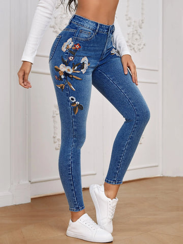 Floral Embroidery Skinny Jeans