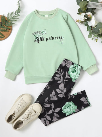 Girls Letter And Floral Print Pullover & Leggings
