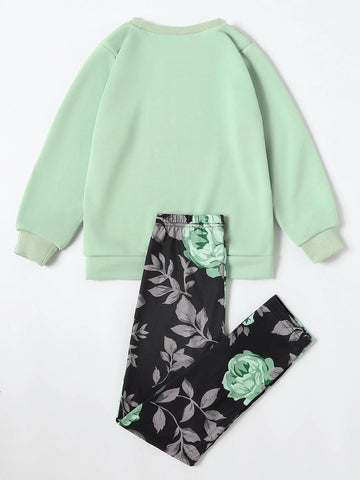 Girls Letter And Floral Print Pullover & Leggings