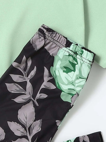 Girls Letter And Floral Print Pullover & Leggings