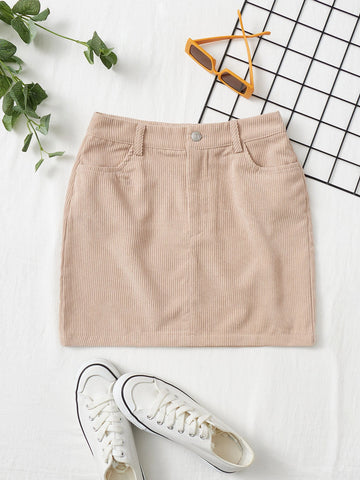 Corduroy Dual Pockets Straight Mini Skirt
