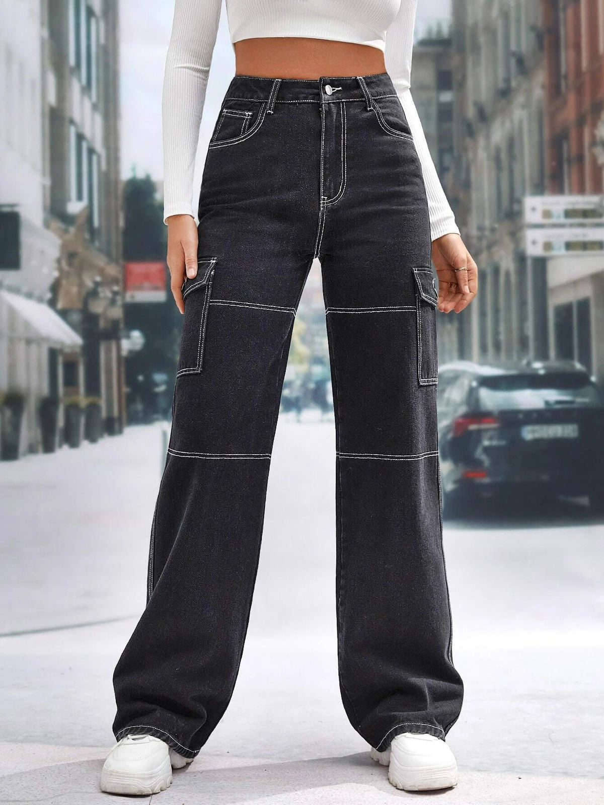 Tall High Waist Flap Pocket Whip Stitch Jeans