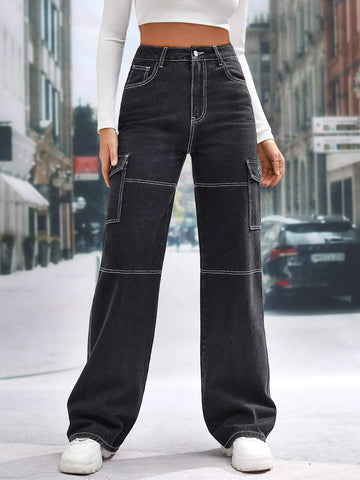Tall High Waist Flap Pocket Whip Stitch Jeans