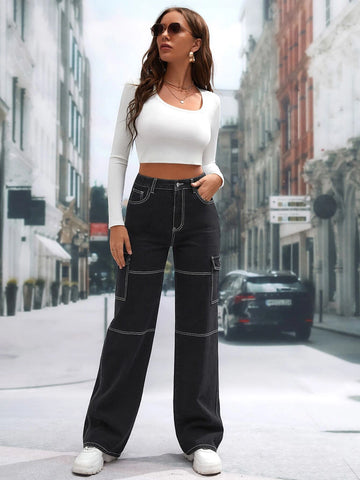 Tall High Waist Flap Pocket Whip Stitch Jeans