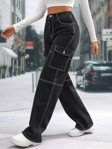 Tall High Waist Flap Pocket Whip Stitch Jeans
