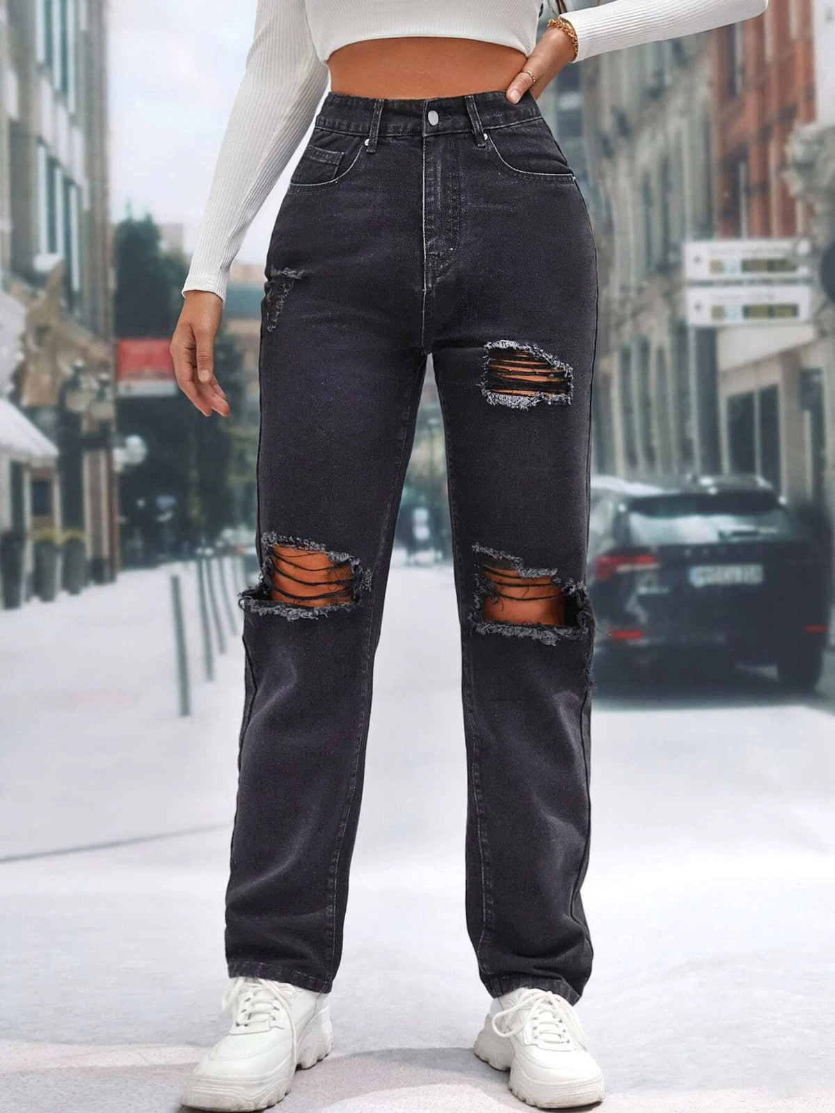 Tall High Waist Ripped Straight Leg Jeans