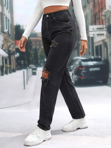 Tall High Waist Ripped Straight Leg Jeans
