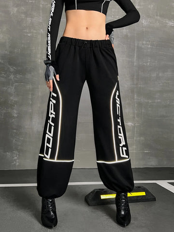 Letter Graphic Contrast Reflective Binding Drop Waist Parachute Sweatpants