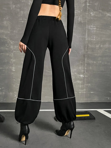 Letter Graphic Contrast Reflective Binding Drop Waist Parachute Sweatpants