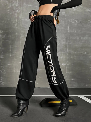 Letter Graphic Contrast Reflective Binding Drop Waist Parachute Sweatpants
