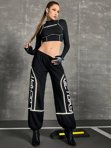 Letter Graphic Contrast Reflective Binding Drop Waist Parachute Sweatpants