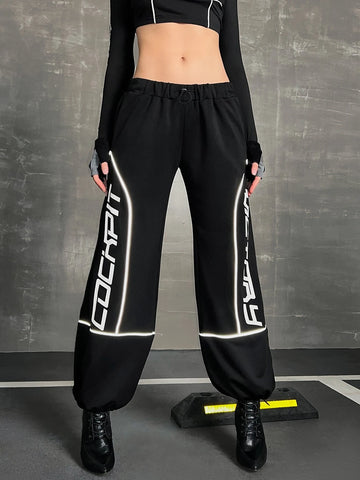 Letter Graphic Contrast Reflective Binding Drop Waist Parachute Sweatpants