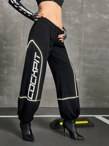 Letter Graphic Contrast Reflective Binding Drop Waist Parachute Sweatpants