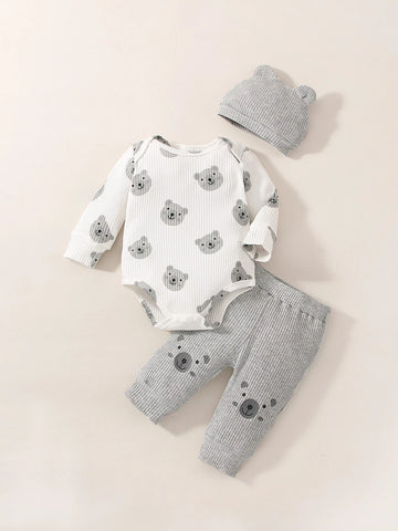 Newborn Baby Cartoon Graphic Bodysuit & Pants & Hat