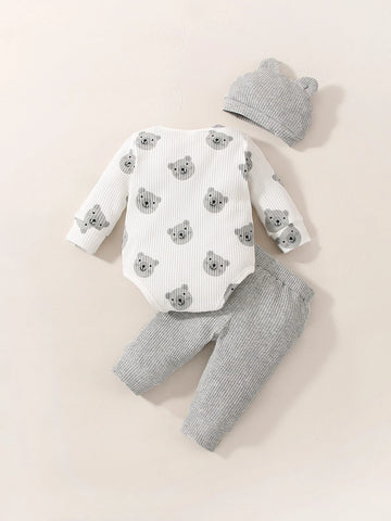 Newborn Baby Cartoon Graphic Bodysuit & Pants & Hat