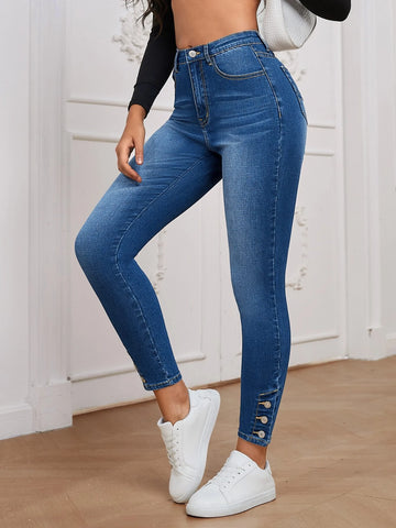 High Waist Button Hem Skinny Jeans