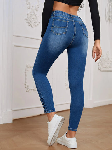 High Waist Button Hem Skinny Jeans