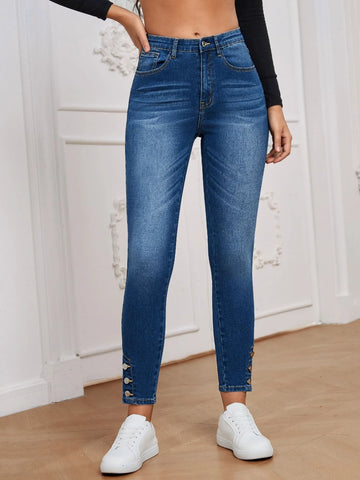 High Waist Button Hem Skinny Jeans