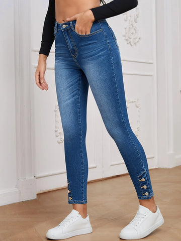 High Waist Button Hem Skinny Jeans