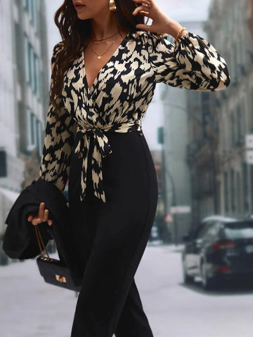 Graphic Print Surplice Neck Belted Jumpsuit