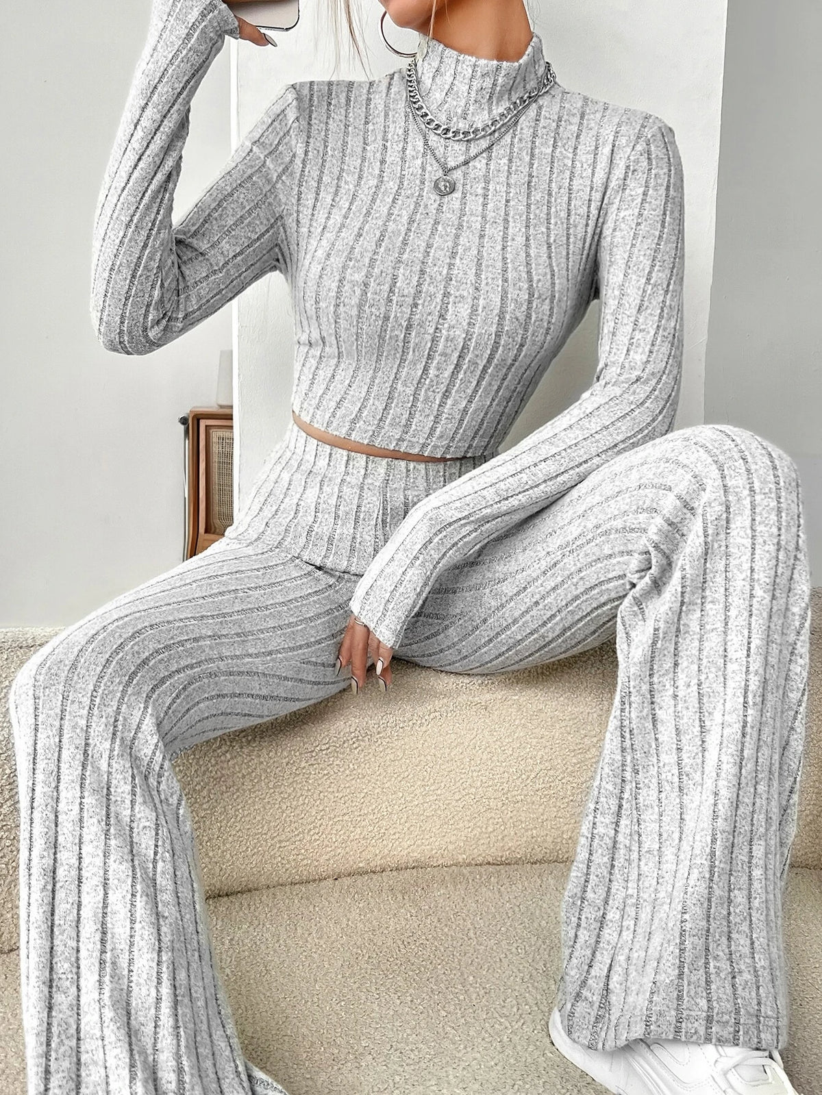 Mock Neck Crop Tee & Flare Leg Pants