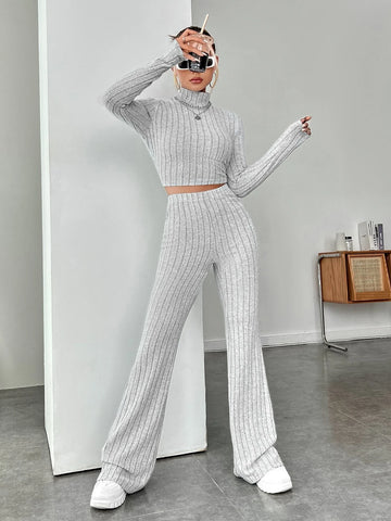 Mock Neck Crop Tee & Flare Leg Pants