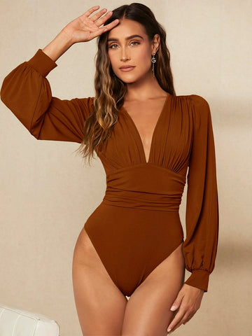 Ruched Lantern Sleeve Bodysuit