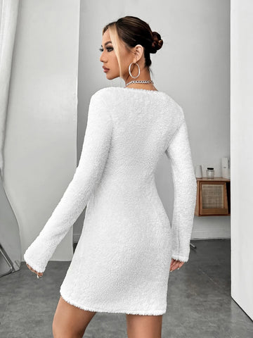 Scoop Neck Fluffy Knit Bodycon Dress