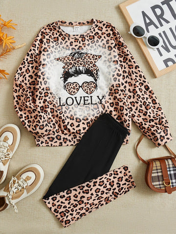 Girls Figure And Leopard Print Pullover & Leggings