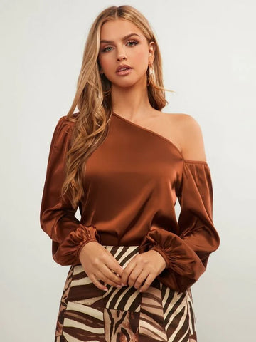 Asymmetrical Neck Lantern Sleeve Satin Top