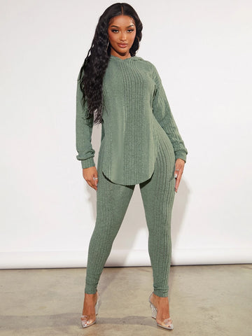 SXY Drop Shoulder Curved Hem Top & Leggings