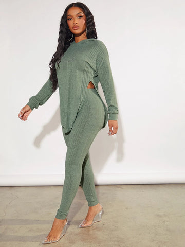 SXY Drop Shoulder Curved Hem Top & Leggings
