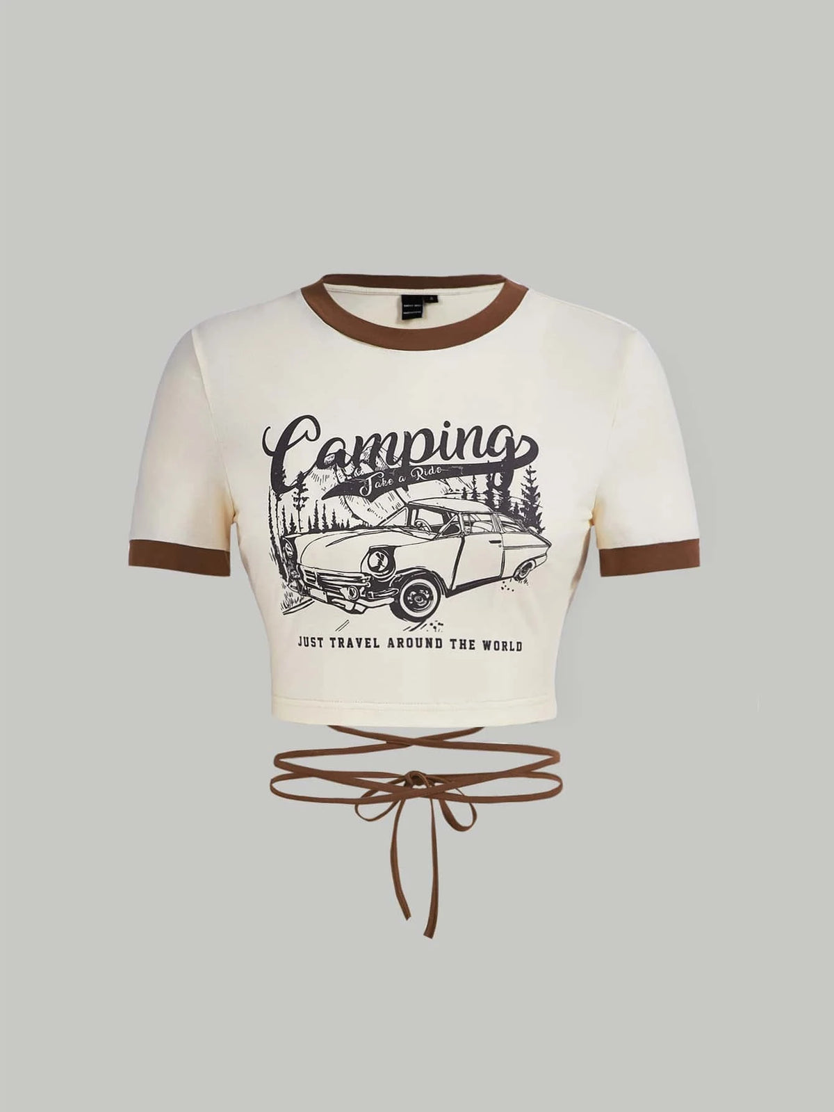 Car & Slogan Graphic Contrast Binding Crisscross Crop Tee