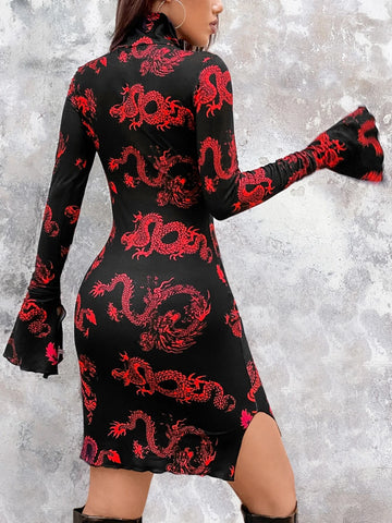 Chinese Dragon Print Flounce Sleeve Bodycon Dress