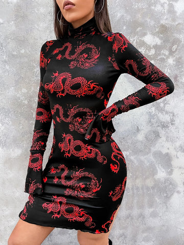 Chinese Dragon Print Flounce Sleeve Bodycon Dress